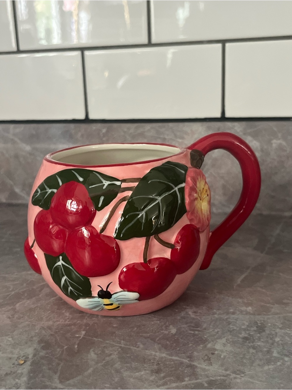 3D Embossed Cherry Blossom & Bee Ceramic Pink Mug
